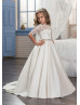 Beaded Ivory Lace Satin Keyhole Corset Back Long Flower Girl Dress